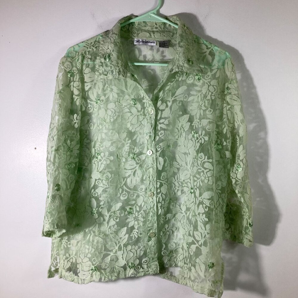 Womens Vintage Allyson Whitmore 3/4 Sleeve Button Floral Burnout Shirt Green M